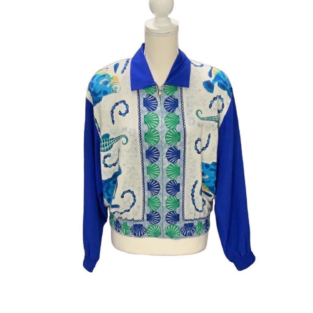 Vintage August Silk Petites Full Zip Silk Jacket Shells Fish Long Sleeve Size Sm